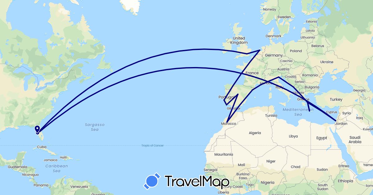 TravelMap itinerary: driving in Spain, France, United Kingdom, Greece, Croatia, Israel, Italy, Morocco, Netherlands, Portugal, United States (Africa, Asia, Europe, North America)
